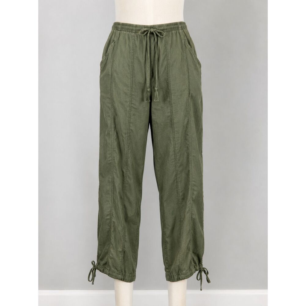 Linen Blend Size Large Military style Utility Pants Olive Green Drawstring